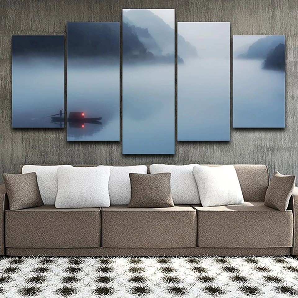 

Decoration HD Printed Poster Framework Living Room 5 Panel Fog River Mountain Landscape Modern Wall Art Pictures Home Painting
