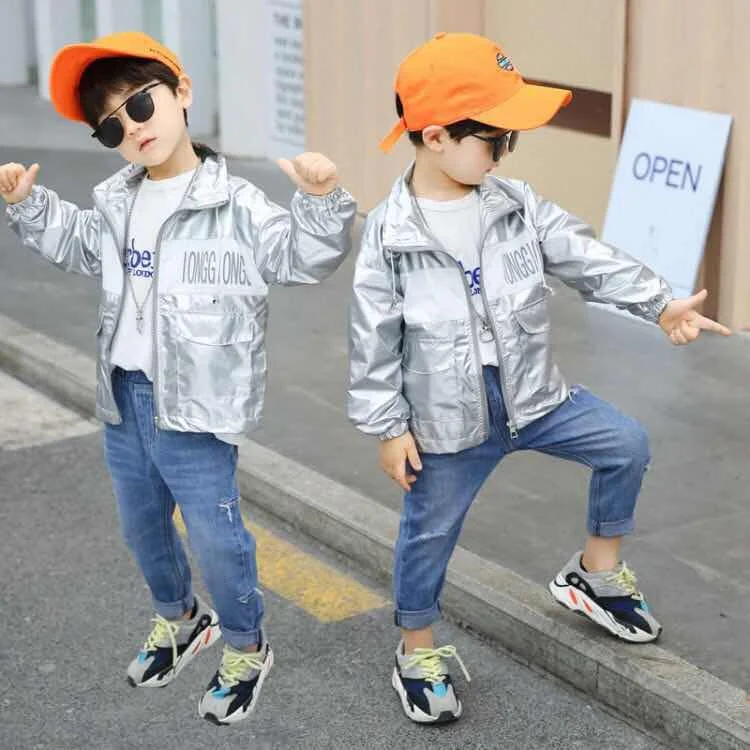 Spring Baby Boy Silver Fashion Jacket New Autumn Children's Glossy High Collar Boys Zipper Jackets Kid Letter Thin Top Coat