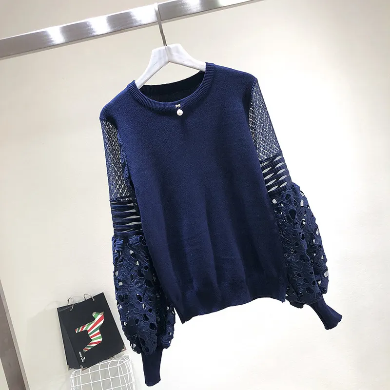 MAXDIROO Women Spring Autumn Pearl Beading Hollow Out Lantern Sleeve Pullover And Sweaters Lace Patchwork Winter Pull Sweater | Женская