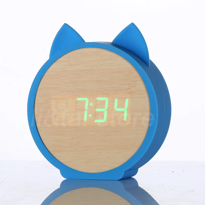 Bamboo green-Blue Детские часы милый кот Силиконовые электронные деревянные настольные часы светодиодный Деревянный Будильник мультфильм Календарь совершенство Голосовое управление - Цвет: Bamboo green-Blue