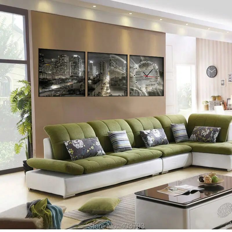 Городской пейзаж ночью современный декор часы холст печать 3 панели комплект