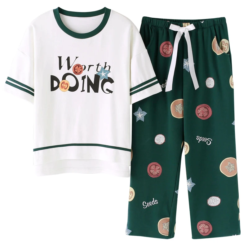 Женские летние Пижамные комплекты с коротким рукавом 100% хлопок пижама принтом