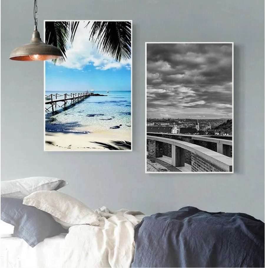 

Современное украшение для дома, Скандинавская мода, морской городской пейзаж, холст, живопись без рамки, 2 панели для гостиной, настенный пла...