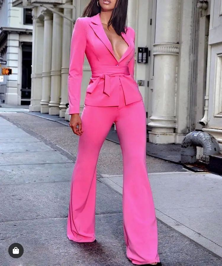 Высокое качество розовый v образным вырезом ремень с длинным рукавом комплект из