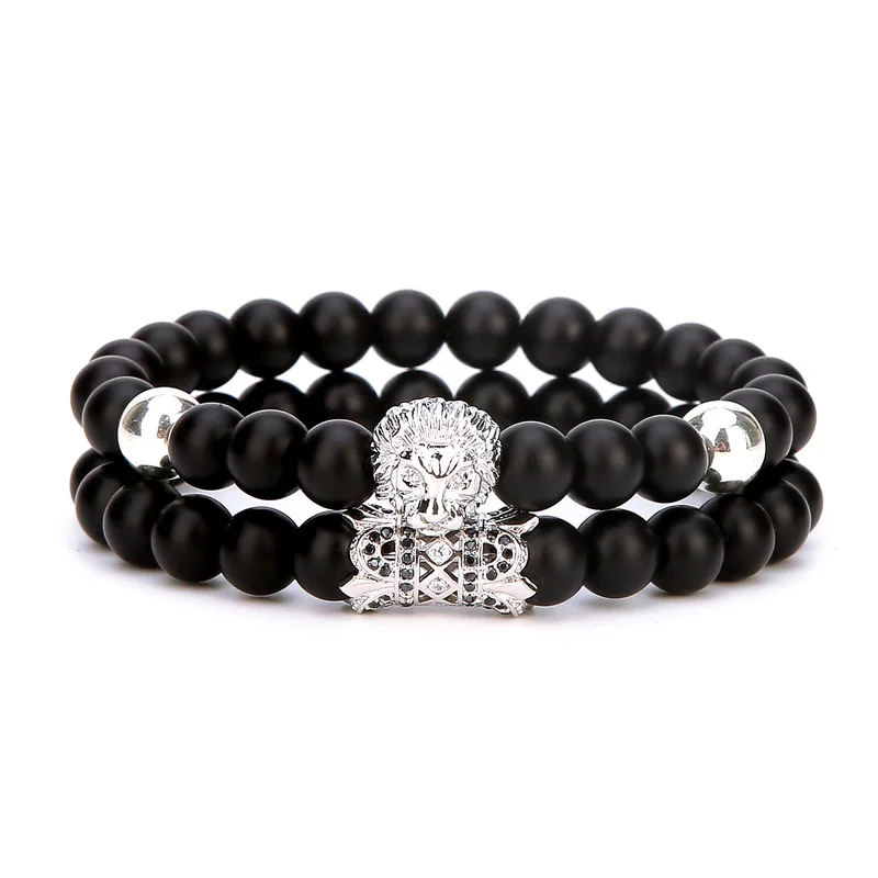 Браслет из матового оникса с золотистой короной и розовым ониксом 2 шт./компл. |