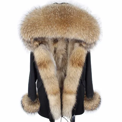black nature fur S Новинка, Женская парка из натурального меха енота, длинное пальто с капюшоном, черная камуфляжная Толстая теплая меховая куртка, два в одном, съемная подкладка - Цвет: black nature fur S