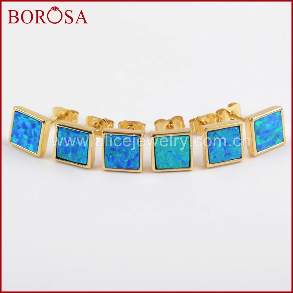 BOROSA 2018 New Collection Earrings! Gold Color Bezel Square Blue Opal Stud Earrings for Women Party Druzy Jewelry Gems ZG0225 | Украшения