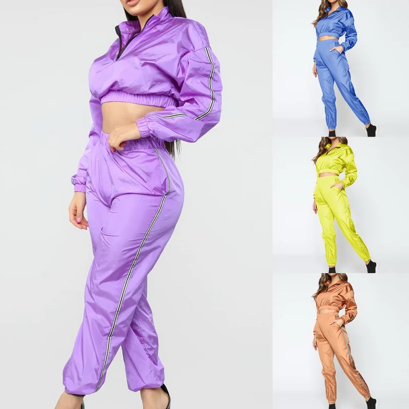 Sfit Женский комплект из 2 предметов, укороченная куртка и спортивные костюмы для бега, повседневный свитшот и спортивные штаны для бега, спортивный костюм на молнии, комплекты
