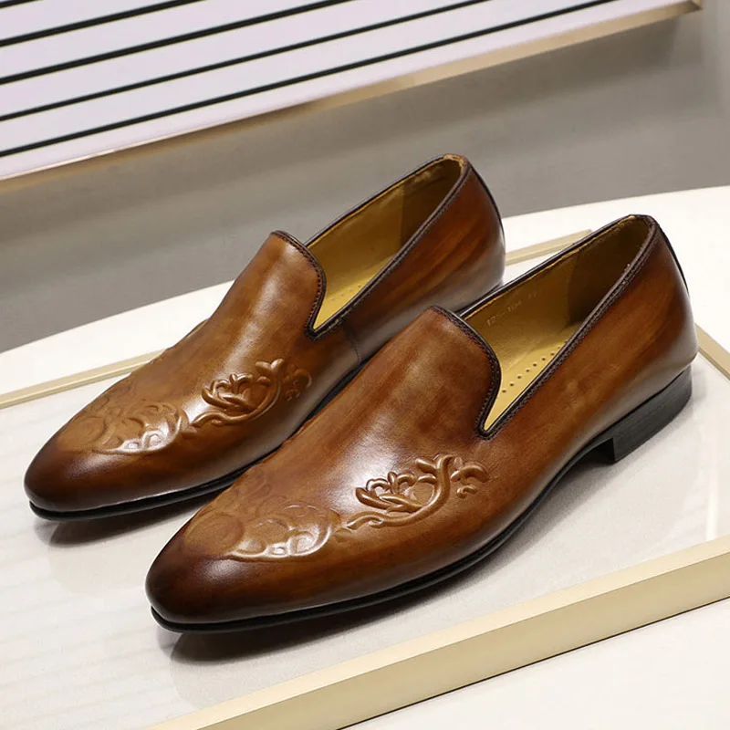 Brown Autumn Luxury Mens Loafers For Wedding Party Street Fashion Brown Genuine Real Leather Slip On Men Dress Shoes Formal Shoes - Цвет: Brown