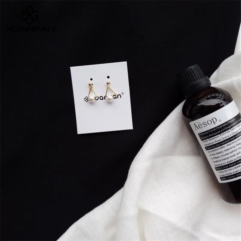 XUANRAN Cute Simulated Pearl Charm Earrings For Women Classic Triangle Shape Gold Plated Stud Handmade Jewelry R317 | Украшения и