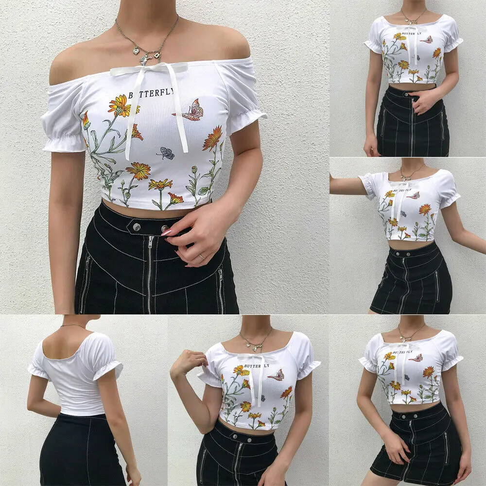 Летняя новинка Сексуальная Милая женская футболка с открытыми плечами цветочный