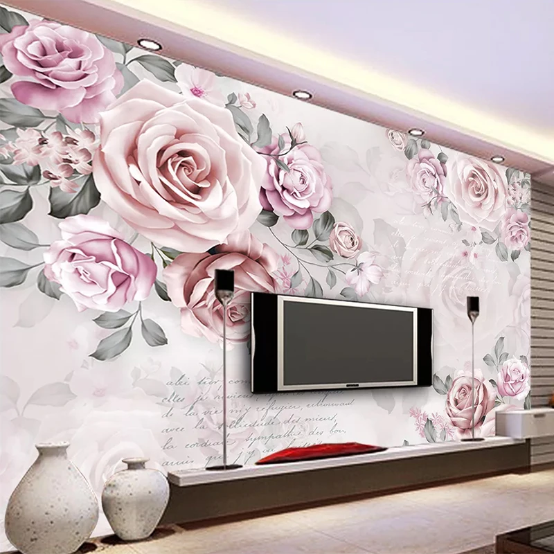

Custom Self-Adhesive Mural Wallpaper 3D Hand Painted Pink Rose Fresco Bedroom Wedding House Romantic Waterproof 3D Wall Stickers