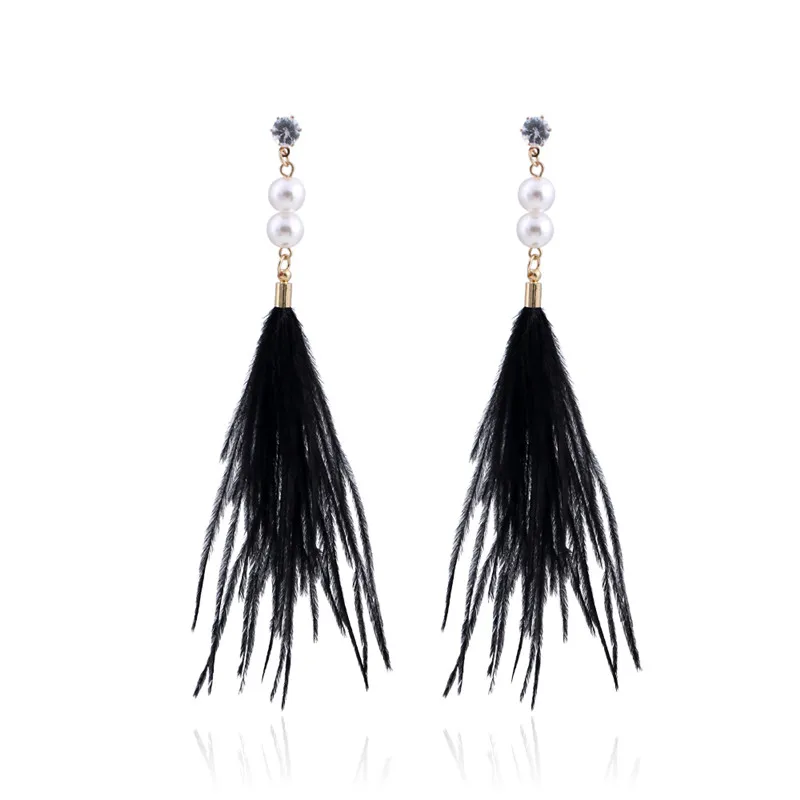 Женские серьги капельки Boho длинные из натурального страусиного пера с