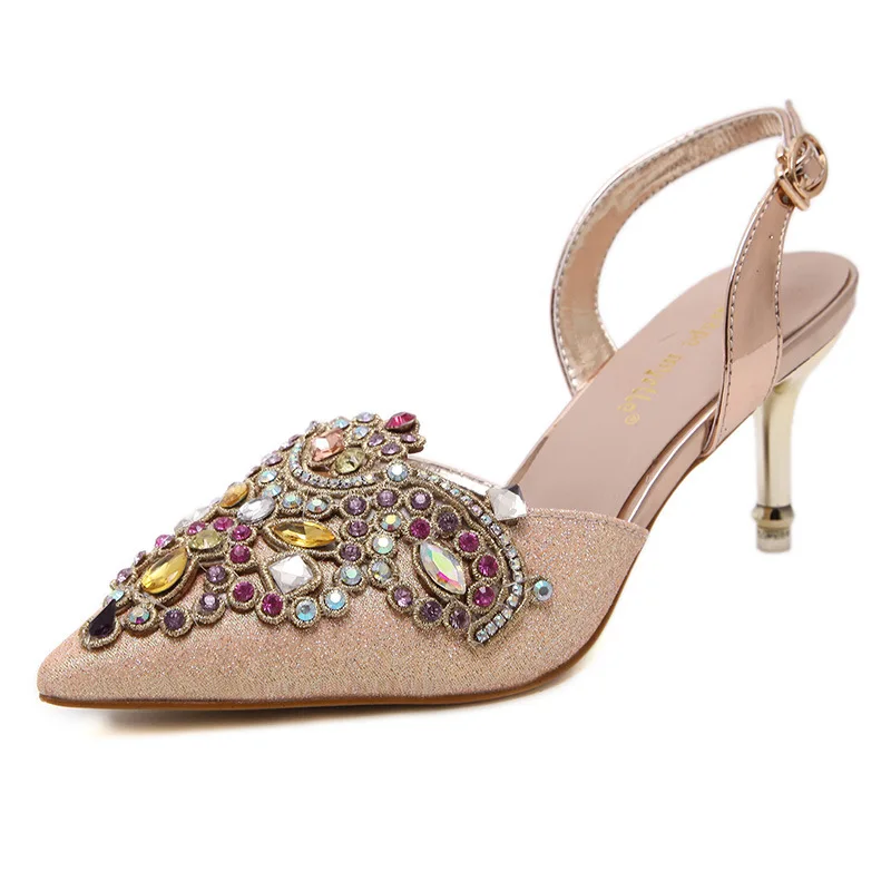 2017 г. Летние модные женские босоножки на высоком каблуке с острым носком