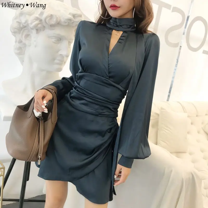 WHITNEY WANG 2018 осеннее модное уличное сексуальное открытое платье с рюшами и поясом