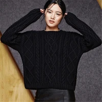 100hand made pure wool oneck twisted knit women streetwear solid loose short pullover sweater oneover size