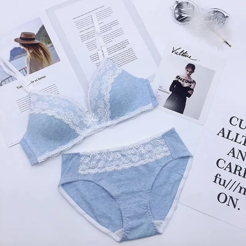 Blue Японский стиль, кружевной комплект с бюстгальтером, женское нижнее белье без косточек, комплект нижнего белья, сексуальный бюстгальтер пуш-ап и трусики, нижнее белье для девочек - Цвет: Blue