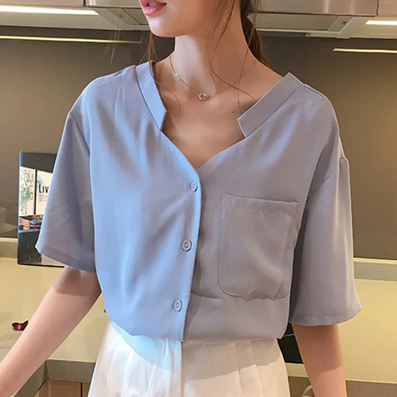 

Women's Summer V-Neck Chiffon Blouse Short Sleeve Button Pocket Loose Blouse Shirt