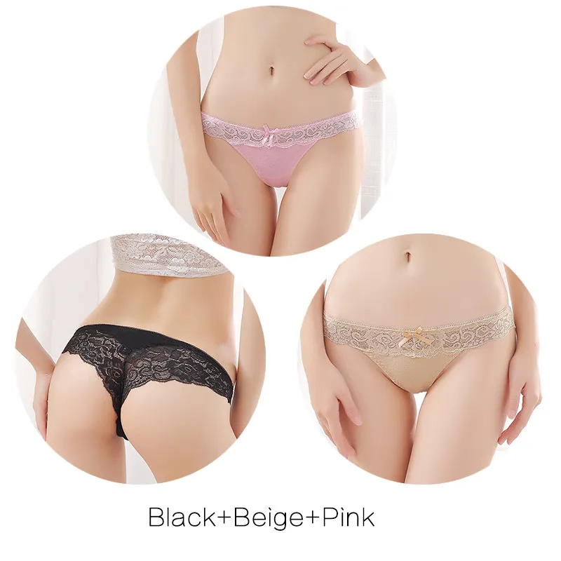 Set 6 3Pcs Модные сексуальные кружевные трусики для женщин и девушек, женские мягкие трусики-стринги с низкой талией, трусики с бантиком, Размеры s m l xl XXL, Комплект трусов - Цвет: Set 6 3Pcs