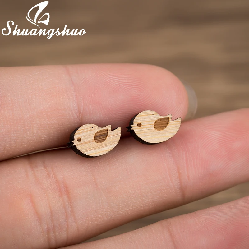 Женские деревянные серьги Shuangshuo маленькие гвоздики Sparrow модные ювелирные