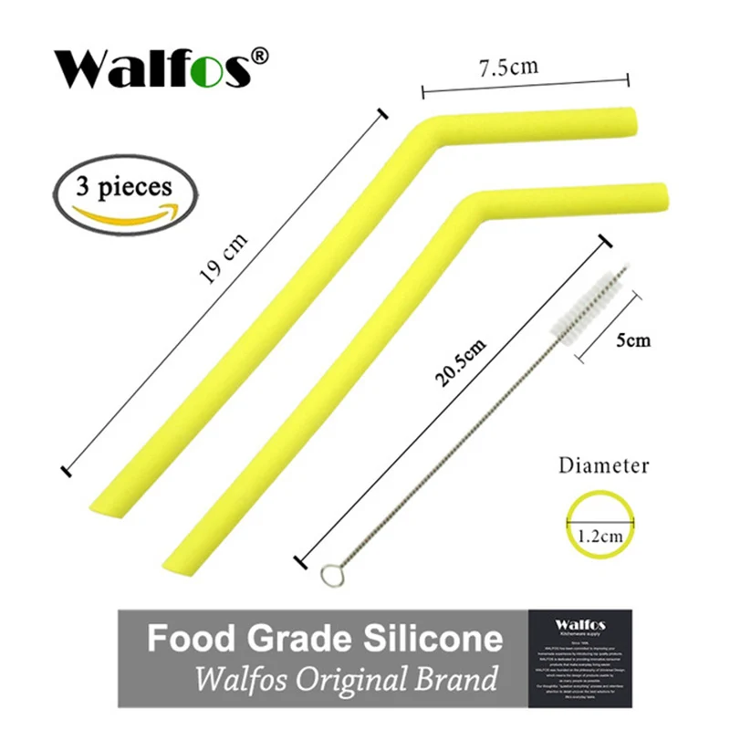 big yellow WALFOS 2 шт многоразовые соломинки для питья Пищевая силиконовая соломинка яркая соломинка для питья с чистящей щеткой - Цвет: big yellow