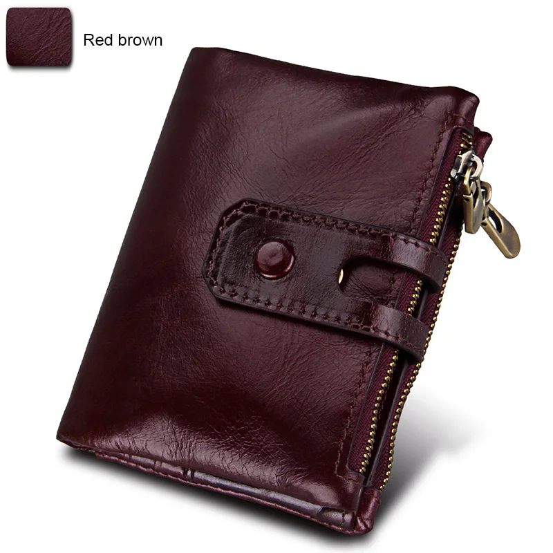 Red brown ATAXZOME, модный ретро маленький кошелек, кошелек для хранения, натуральная кожа, унисекс, двойная молния, большой объем, короткий кошелек, блок RFID - Цвет: Red brown