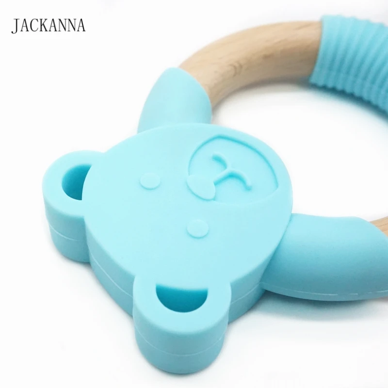 1PC Animal Shape Silicone Teether Wooden Ring Nursing Accessories Chewable Rattle Toy Circle Newborn Shower Gifts Baby Teether