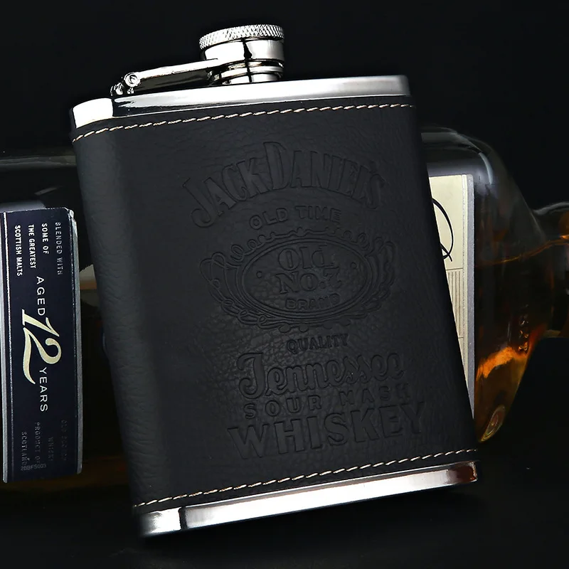 

7oz Portable Whisky Hip Flask with PU Leather Mini Business Men Flagon 304 Stainless Steel Alcohol Flasks Vodka Best Man Gift