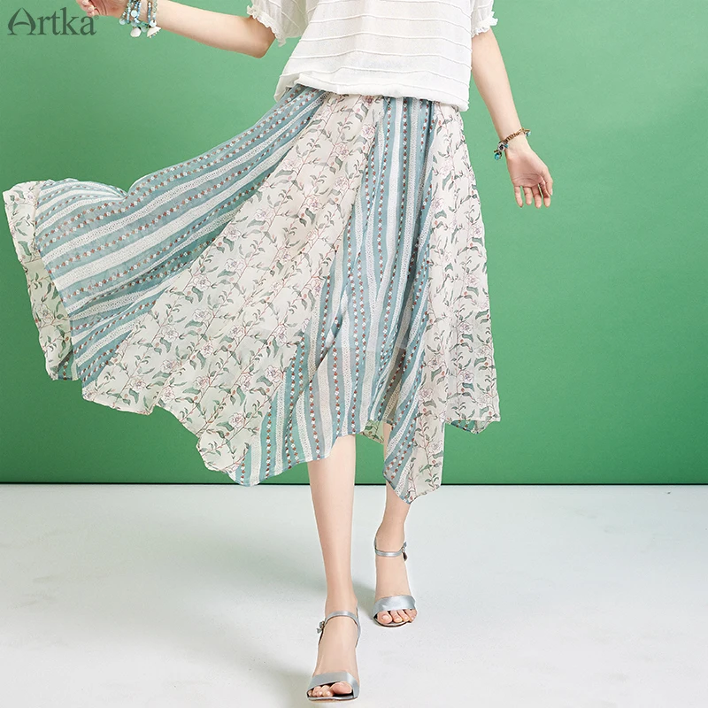 Женская Асимметричная шифоновая юбка ARTKA элегантная с поясом на резинке принтом