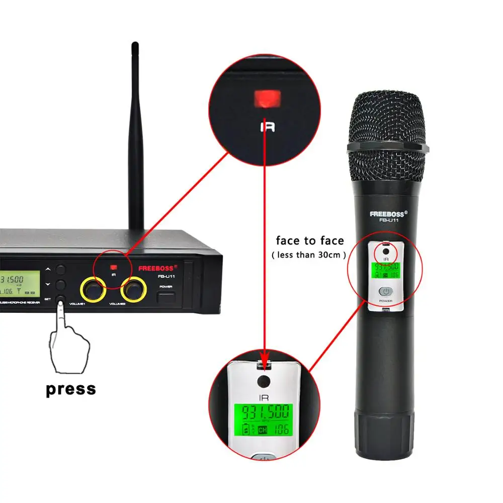 FB U11 UHF Беспроводная микрофонная система 2 канала 100 каналов IR частота
