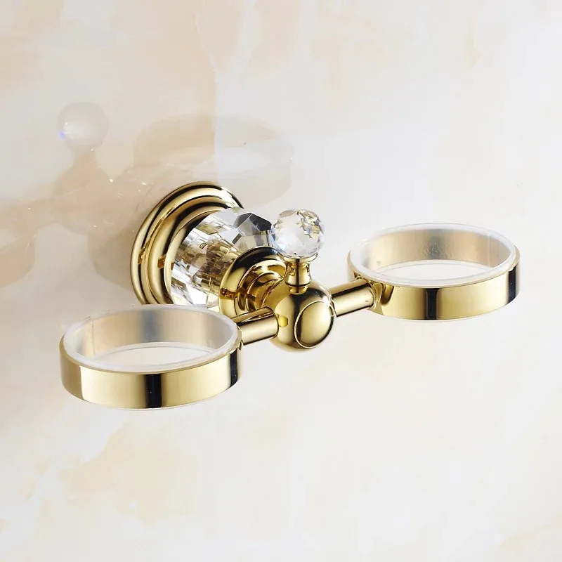 Двойной держатель для чашек в ванную комнату с золотистыми кристаллами полка