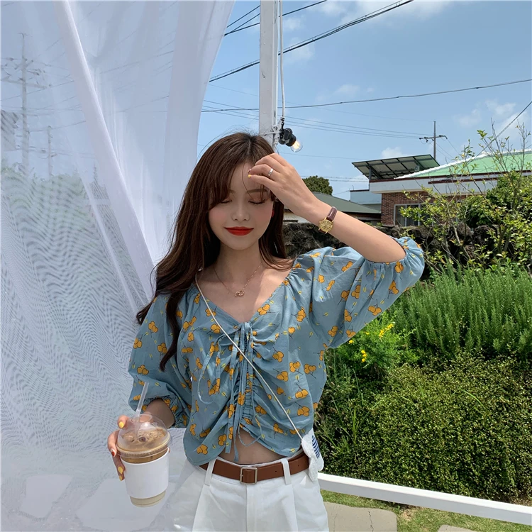 fashion puff sleeve Drawstring lace up summer new v-neck sweet Blouses Women Shirts brand Korean tops aesthetic hot ins |