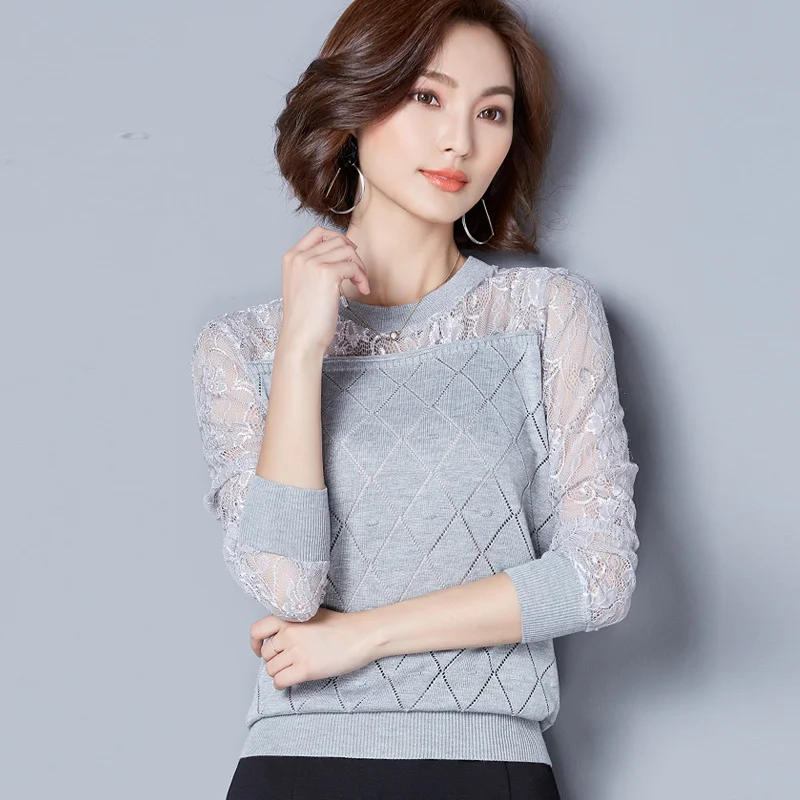 Women Sweater 2017 New Fashion Casual Spring Autumn Patchwork Lace Office Pullover Slim Knitted Sweaters Gray/Black/Wine A945 | Женская