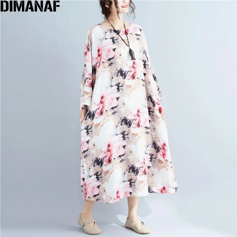 DIMANAF Plus Size Autumn Women Dress Linen Floral Print Vintage Casual Female O Neck Pink Oversize Elegant Large Thin 5XL|Женские