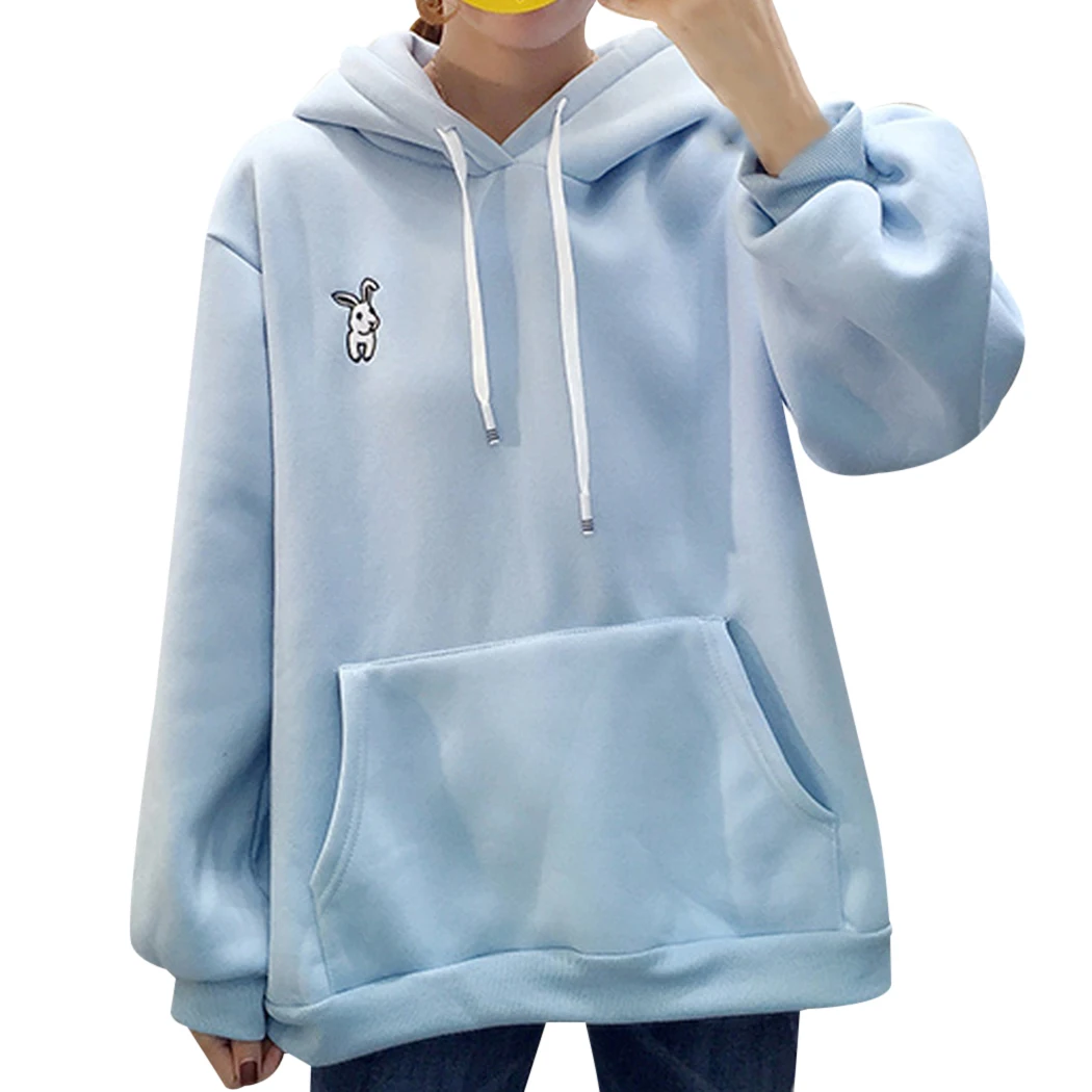 Для женщин Kawaii уши кролика толстовки мультфильм вышивка с капюшоном свитер Топы