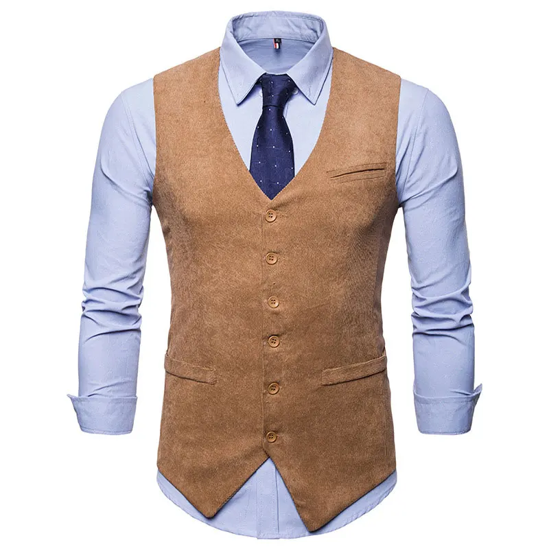 

Mens Business Corduroy 6 Button Solid Vests For Male Slim Fit Mans Suit Sleeveless Vest Formal Waistcoat for Suit or Tuxedo