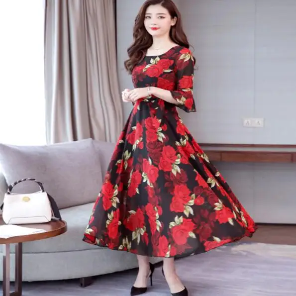 Платья с расклешенными рукавами летнее пляжное платье цветочным принтом