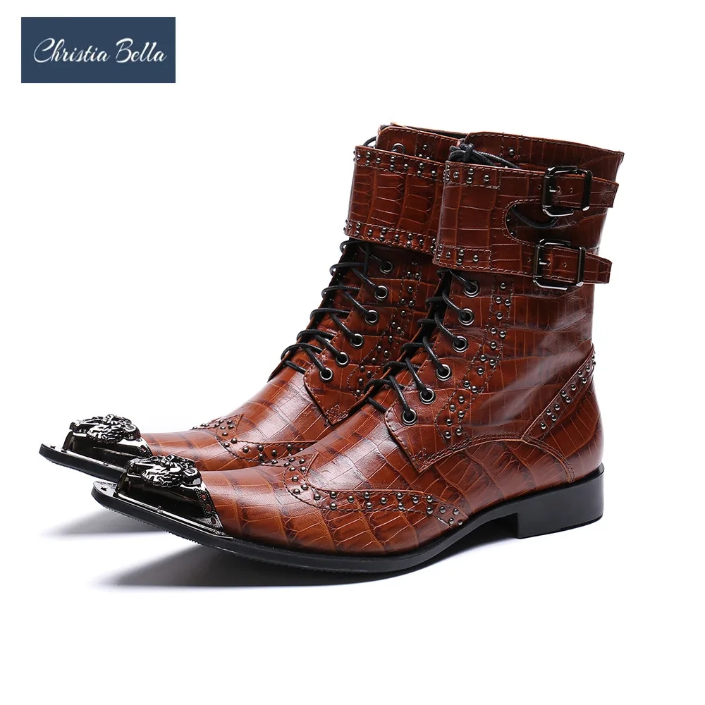 

Christia Bella Luxury British Style Men Mid Calf Boots Genuine Leather Motorcycle Cowboy Boots Formal Men Dress Rivets Shoes