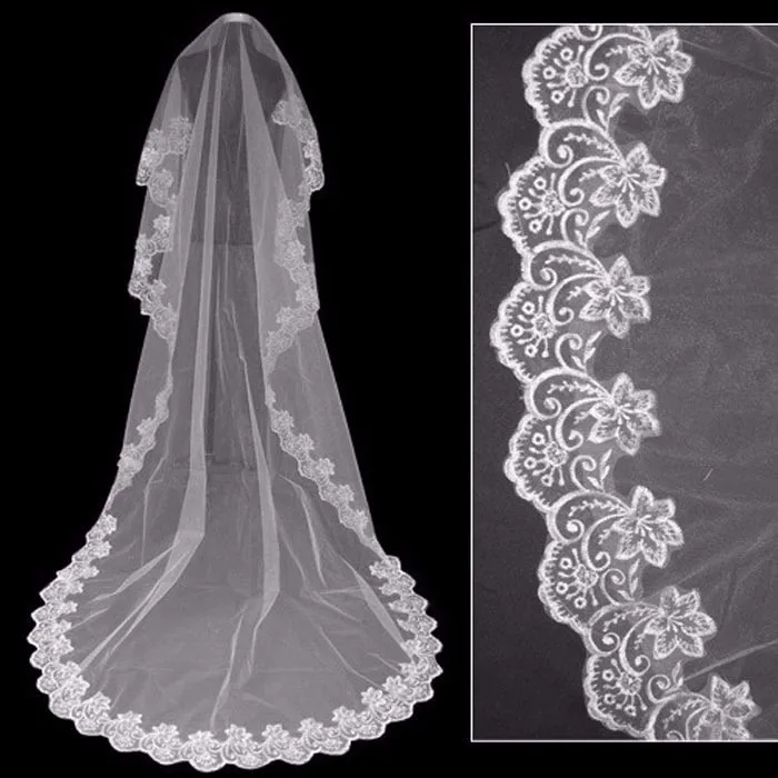 

3M Ivory White Cathedral Wedding Veil With Appliques Lace One Layer Cheap Bridal Veils Promotion Wedding Accessories
