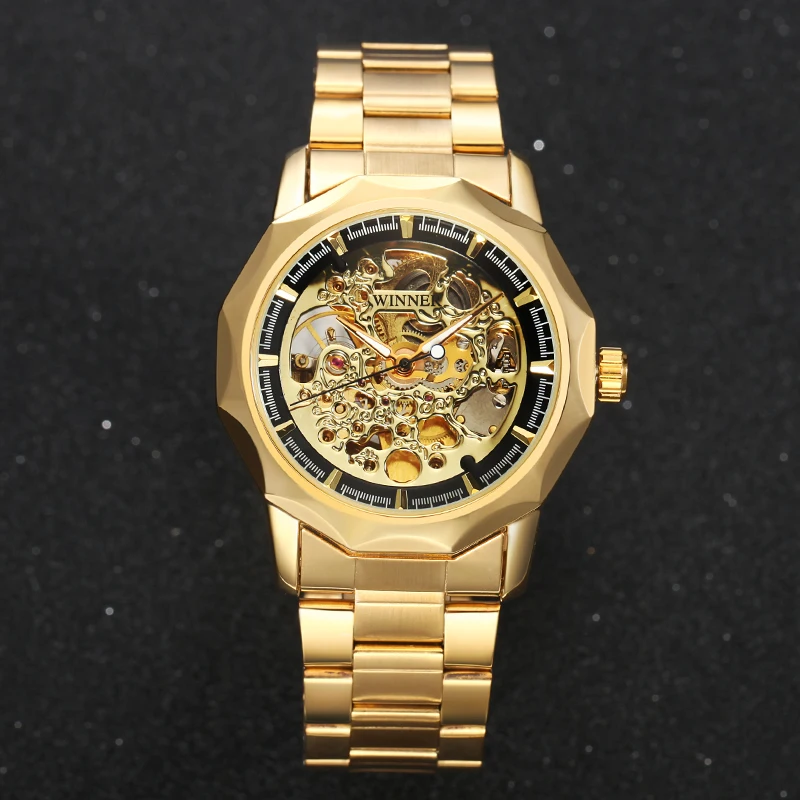 WINNER золотые часы мужские деловые военные наручные с скелетом автоматические