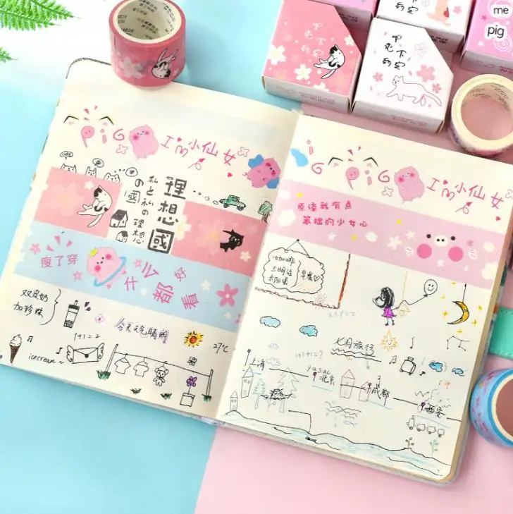 1 Pcs Lovely 30mm*5m Cherry Sakura Pig Cat Adhesive Masking Washi Tapes Album Scrapbooking Paper Stickers Label Stationery