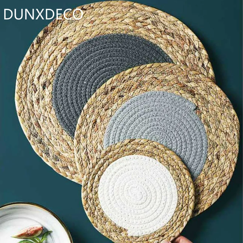 DUNXDECO настольная подставка под столовые приборы, набор ковриков для чашек, Круглый, натуральный, льняной, ткацкий, хлопковая нить, термоизоляционный коврик, современный, простой, деревенский, Меса, Dec