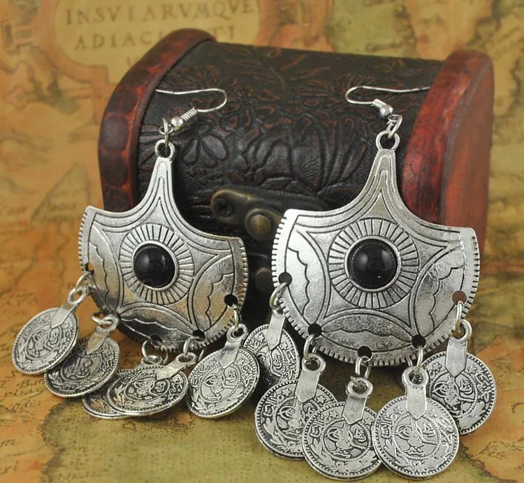 Античное серебро Турецкая монета висячие серьги секторный дизайн бохо цыганский