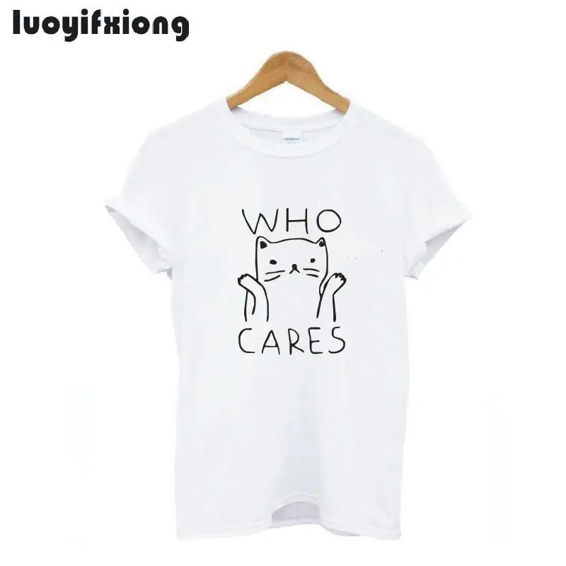 

Luoyifxiong Who Cares Cat Graphic Funny T Shirt Women Tops Summer Tee Shirt Femme Short Sleeve Casual Black White Women Tshirt