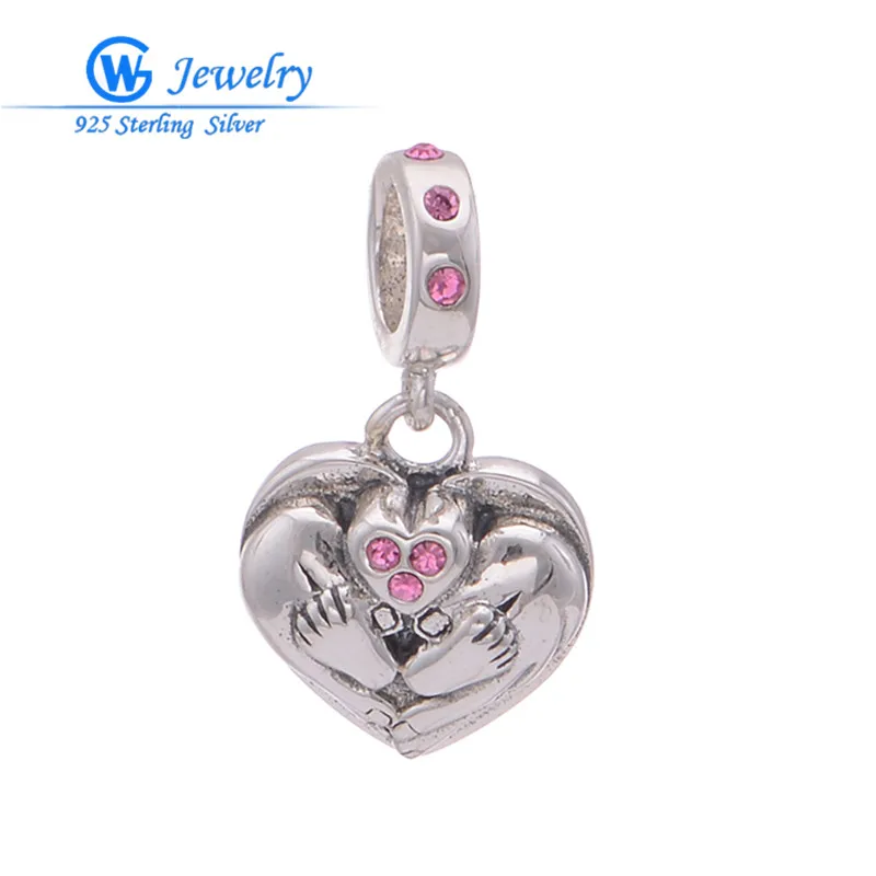 

GW Fashion Jewelry Pure 925 Silver Pendant Charms for Women with Pink Crystal Natural Stone I Love You Heart Charm S160BH20