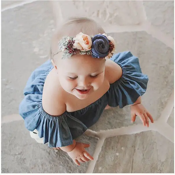 Повседневные джинсовые топы для маленьких девочек однотонные футболки блузы с длинными рукавами детей 0 4