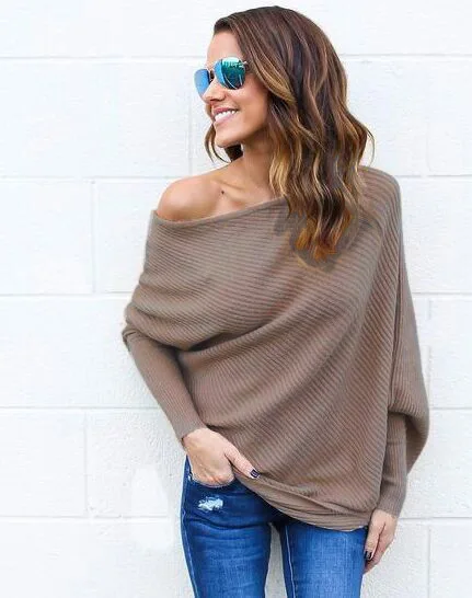 Khaki Sweater MISAUU, сексуальный вязаный свитер с открытыми плечами, женские модные пуловеры, трикотаж, Осень-зима, белый джемпер, для женщин, размера плюс - Цвет: Khaki Sweater
