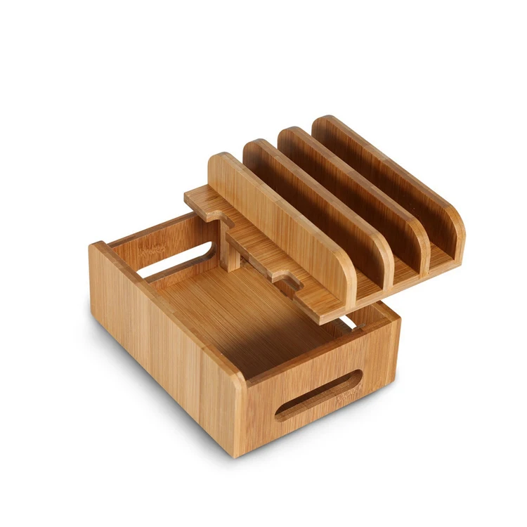 Бамбук Стенд Multi устройство Desktop Шнуры Организатор док станции зарядки Держатель