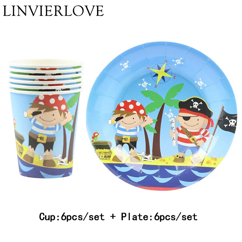 

12pcs Little Pirate Paper Cups+Plates Weddiing Birthday Decoration Pink Festival For Kids Tableware Party Supplies