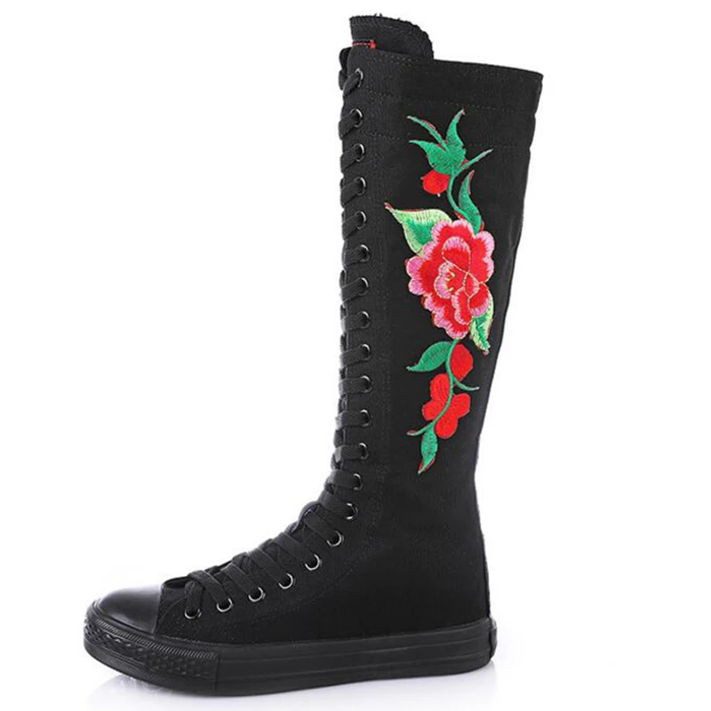 black red COVOYYAR/Новинка года; сапоги до колена; женская парусиновая обувь; модные женские сапоги на платформе с вышивкой; облегающая танцевальная обувь на шнуровке; WBS923 - Цвет: black red